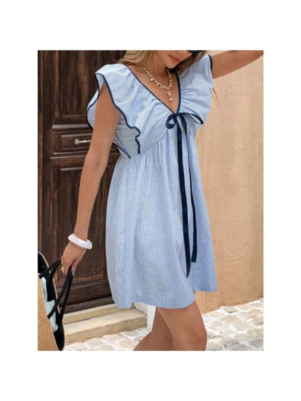 Striped Ruffle Sleeve Mini Dress - Picture 4 of 13